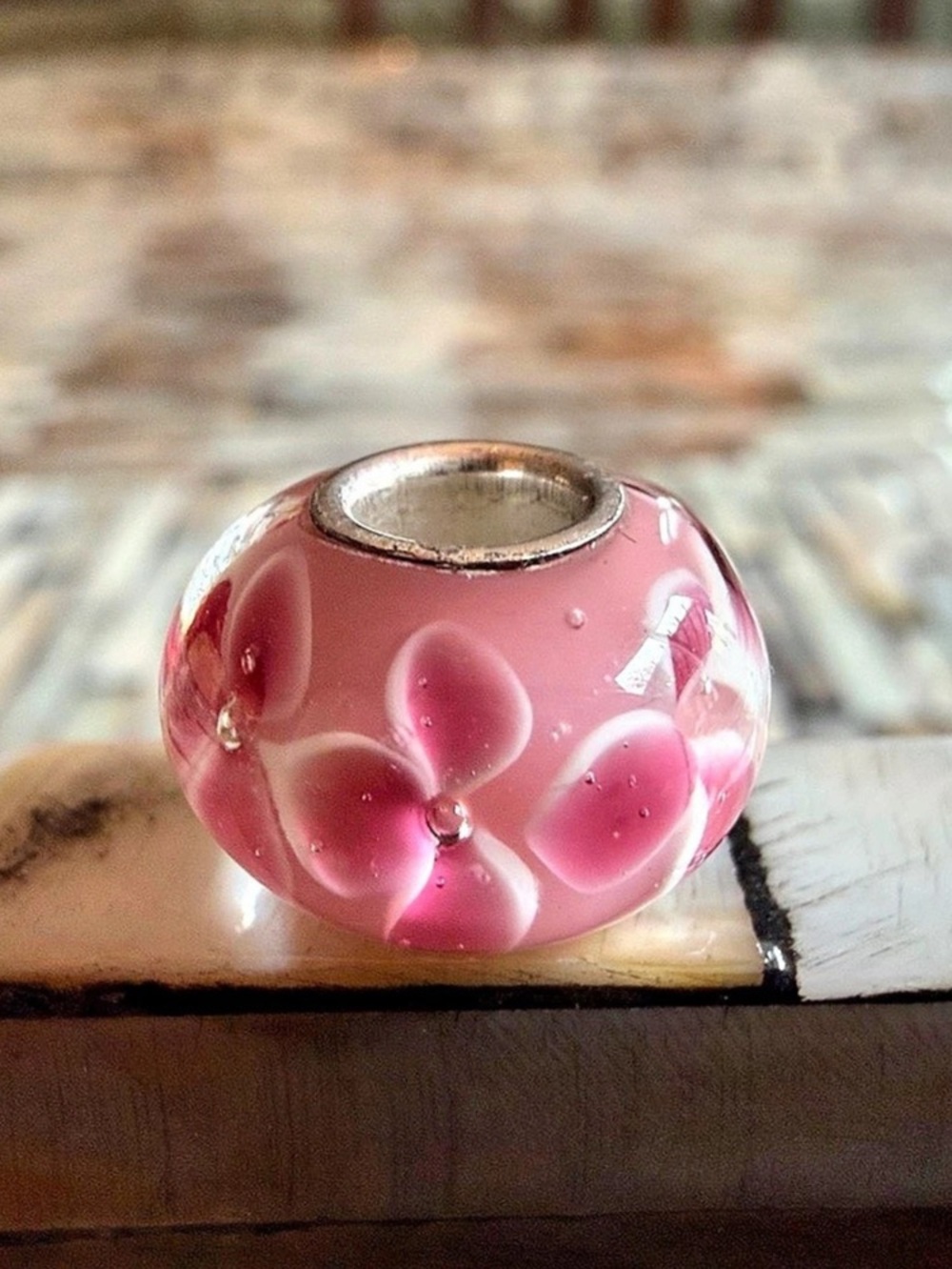Pink Flower Murano Glass Charm Pink & Silver
